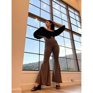 Bucketlist Houndstooth Print Flare Pants in Black and Camel Stretchy New P5051G